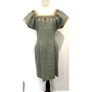 Vtg Linen Blend Dress Boho Festival‎ Southwestern Beaded Accent CAROLE LITTLE 6